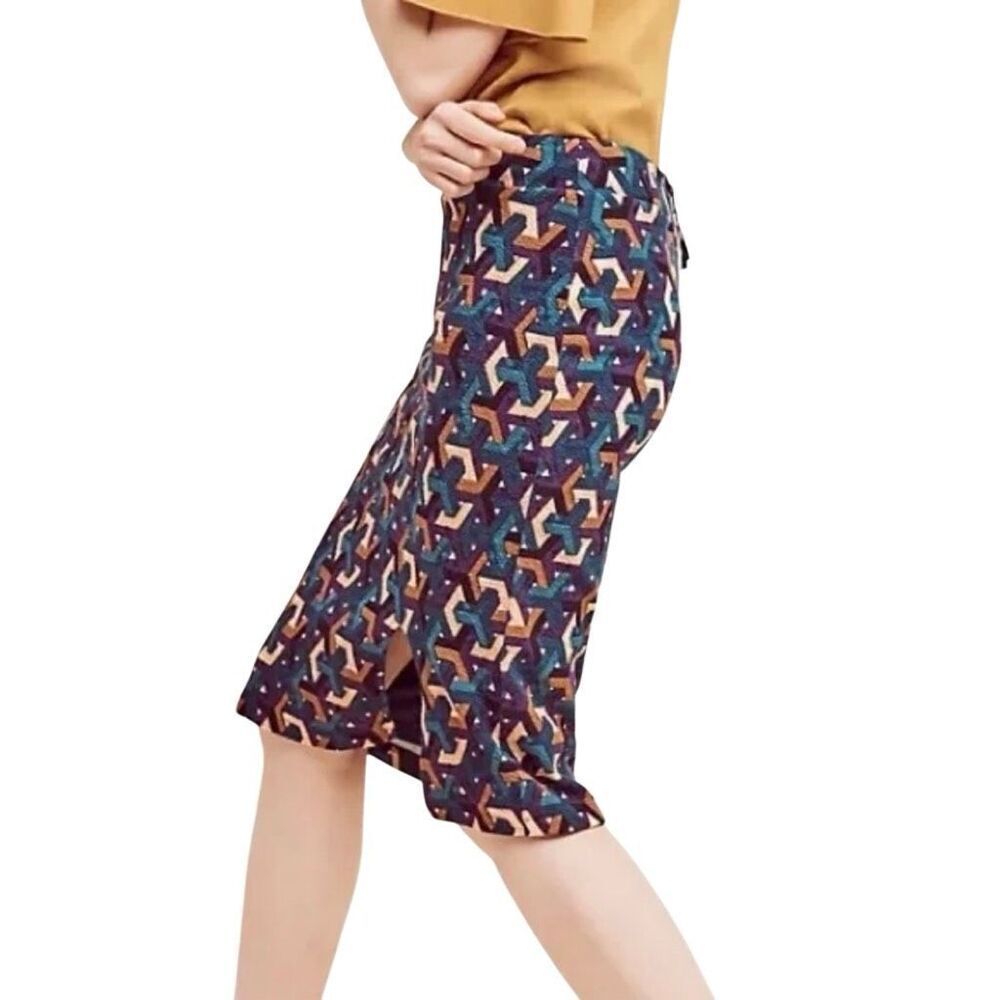 Anthropologie Maeve Midi Stretch Front Slit Geometric Pencil Skirt Small